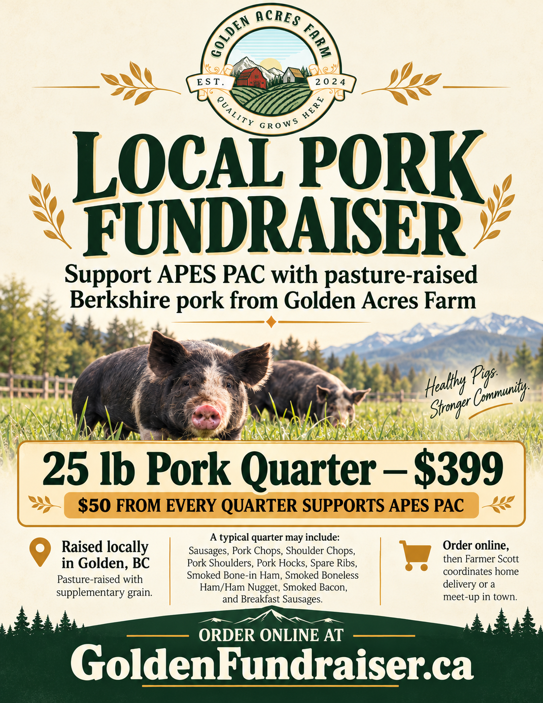APES Fundraiser 2026 Pasture-Raised, Berkshire Pork Quarter (25lbs)